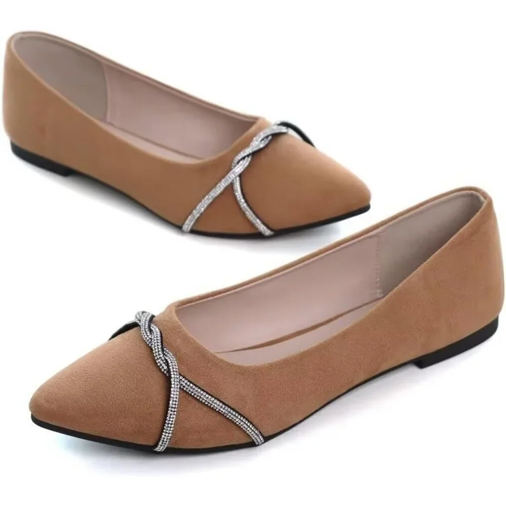 Women's Khaki Casual Flats Fashion Chain Pointed Toe Ballet Flat Rhinestone